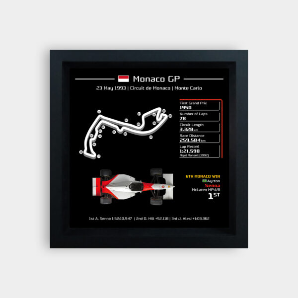 SOLO-BK-Monaco-93-SEN-T3-BK20 F1 1993 Monaco GP Ayrton Senna 3D Track Frame - Limited Edition
