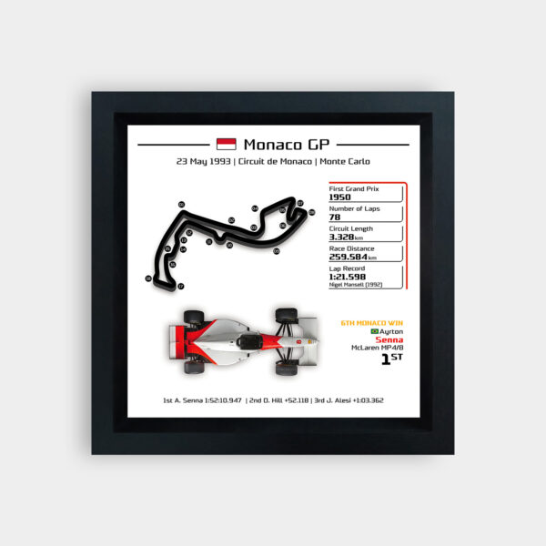 SOLO-WH-Monaco-93-SEN-T3-BK20 F1 1993 Monaco GP Ayrton Senna 3D Track Frame - Limited Edition