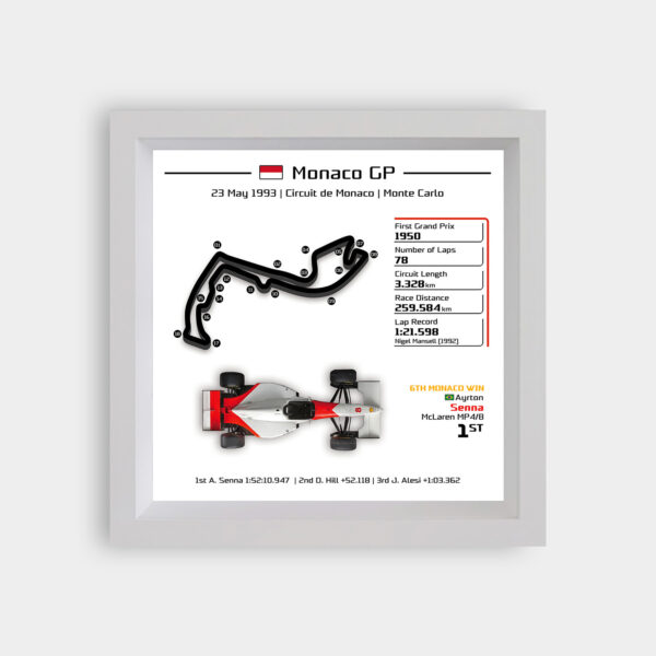 SOLO-WH-Monaco-93-SEN-T3-WH20 F1 1993 Monaco GP Ayrton Senna 3D Track Frame - Limited Edition